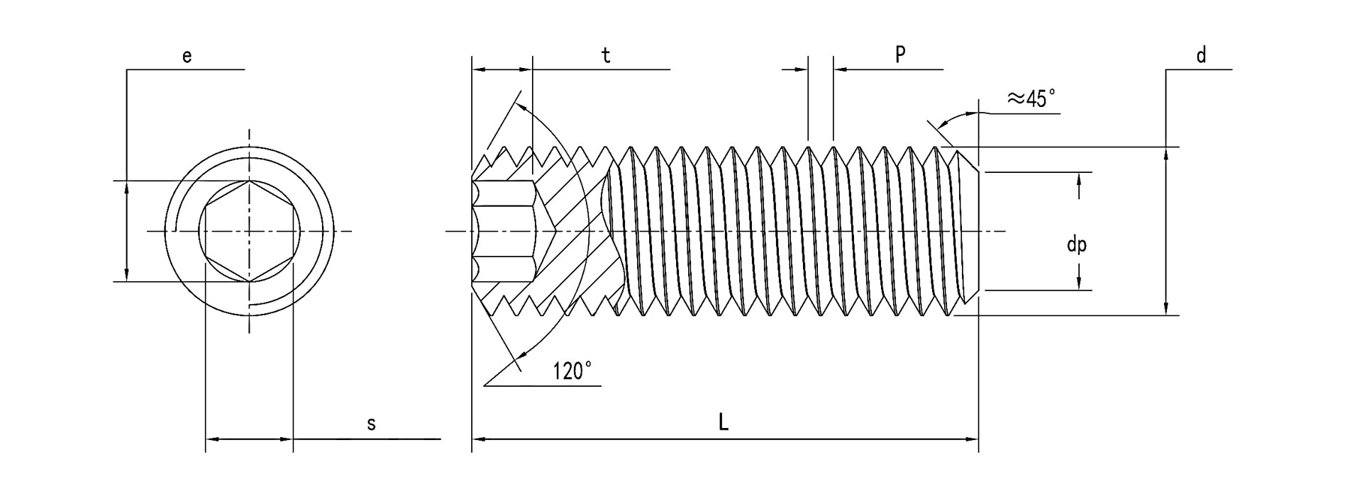 DIN 913 Hexagon Socket Set Screws with Flat Point Dimension Drawing